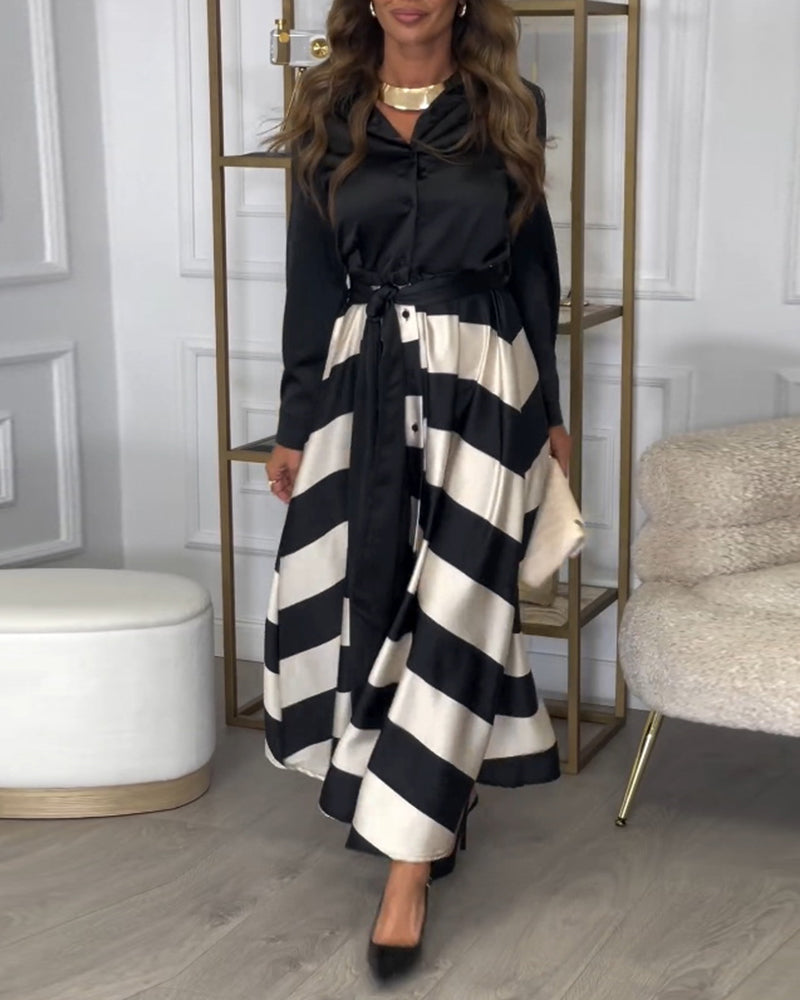 Women's Maxi Shirt Dress - Button-Up Long Sleeve - Striped Flowing Skirt - Belted Waist