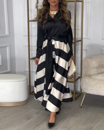 Women's Maxi Shirt Dress - Button-Up Long Sleeve - Striped Flowing Skirt - Belted Waist