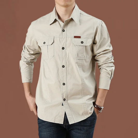 Men's casual utility shirt with chest pockets long sleeves and button closure