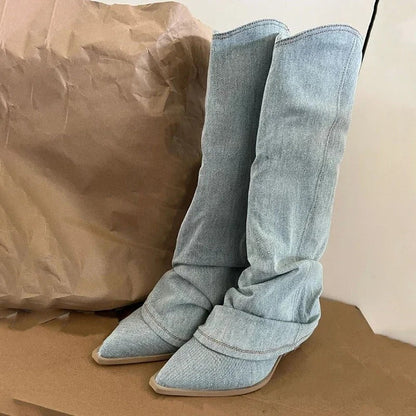 Women's Knee-High Denim Cowboy Boots