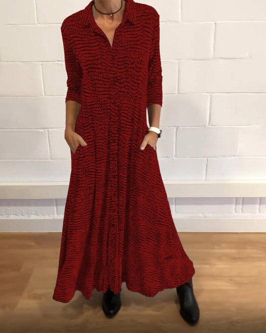 Women’s Maxi Dress – Button Front – 3/4 Sleeve – Shirt Collar – Flowy Fit – With Pockets