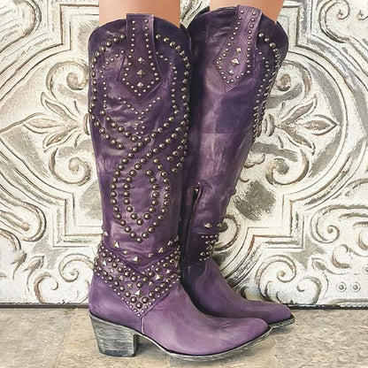 Women’s Knee-High Boots – Distressed Leather – Rivet Detail – Thick Heel – Side Zipper