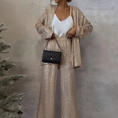 Women’s Two-Piece Set – Sequin Jacket – High-Waisted Wide-Leg Trousers – Evening Wear
