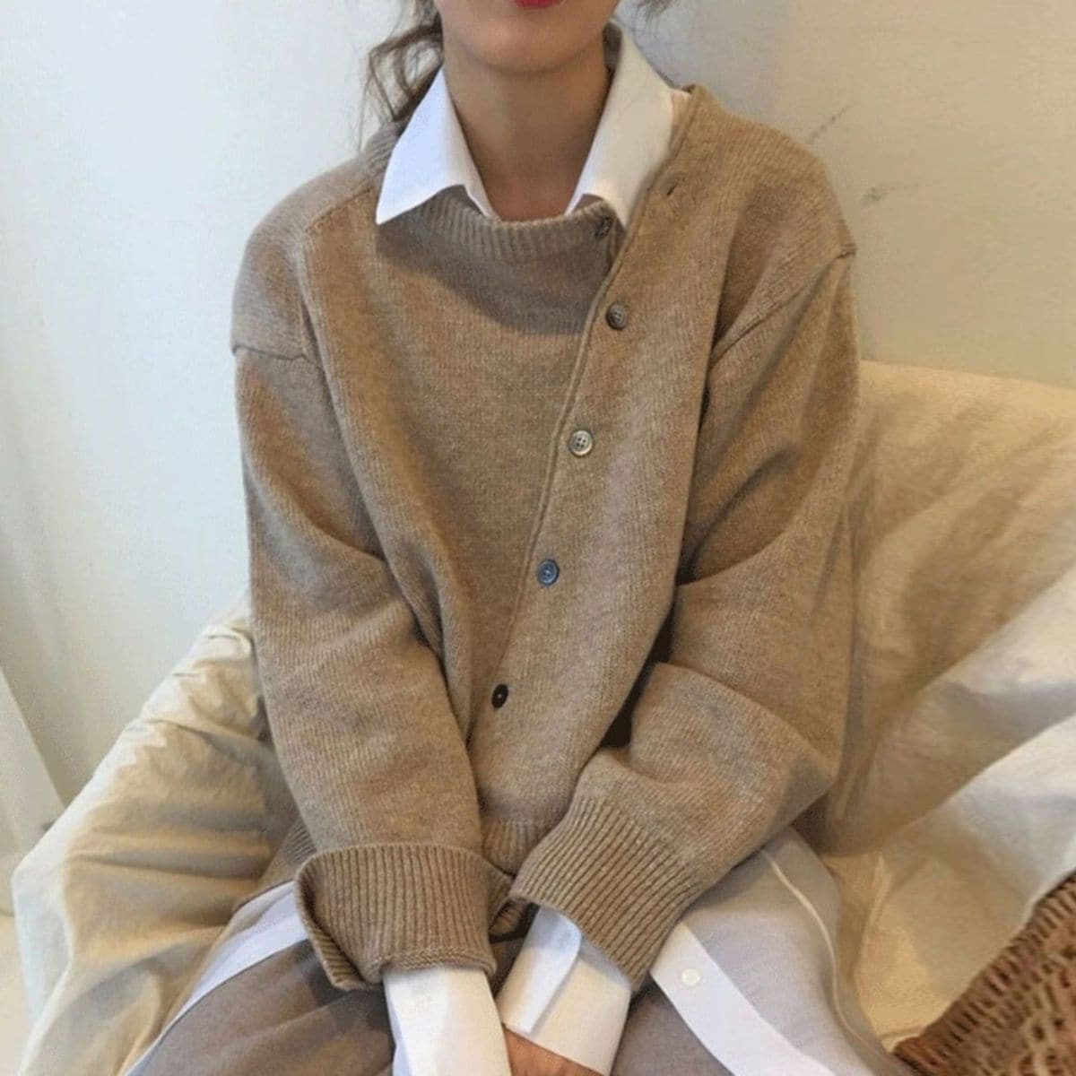 Women’s Sweater – Oversized Fit – Wool Blend Knit – Asymmetric Button Front – Ribbed Trim