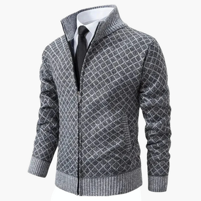 Men’s Knit Jacket – Slim Fit – Diamond Pattern – Zip Front – Ribbed Cuffs – Stand Collar