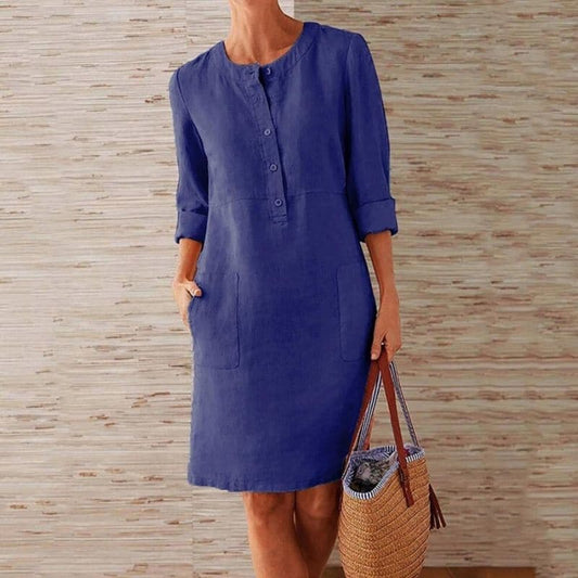 Women’s Shirt Dress – Relaxed Fit – Breathable Blend – Button Front – Knee Length – Pockets