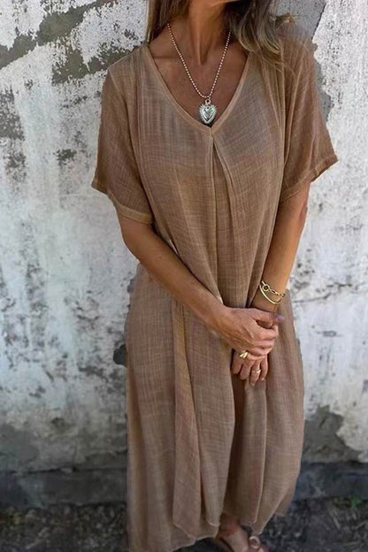 Linen Solid V-Neck Midi Dress with Short Sleeves - Breathable and Lightweight