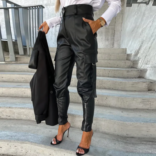 Women's stylish PU leather cargo pants