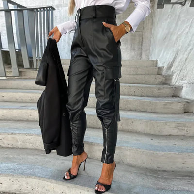 Women's High-Waisted Trousers - Faux Leather - Tapered Leg - Zippered Ankle Detail