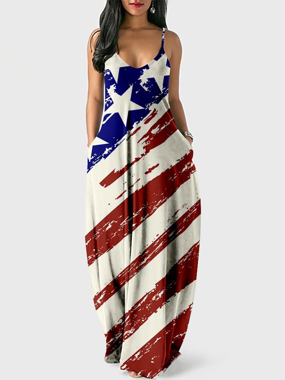 Vintage Flag Print Sleeveless Maxi Dress for Women