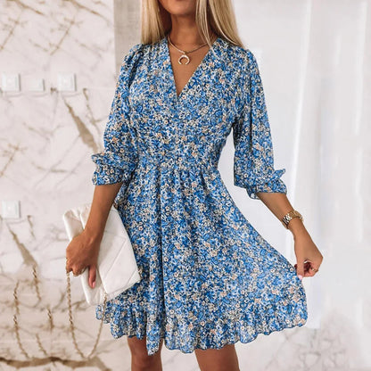 Women’s Mini Dress – Relaxed Fit – V-Neck – Ruffle Hem – Breathable Blend