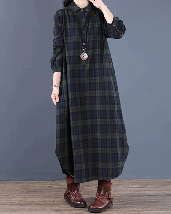 Women's Shirt Dress - Long Sleeve Plaid - Button Down Casual Elegant Fit