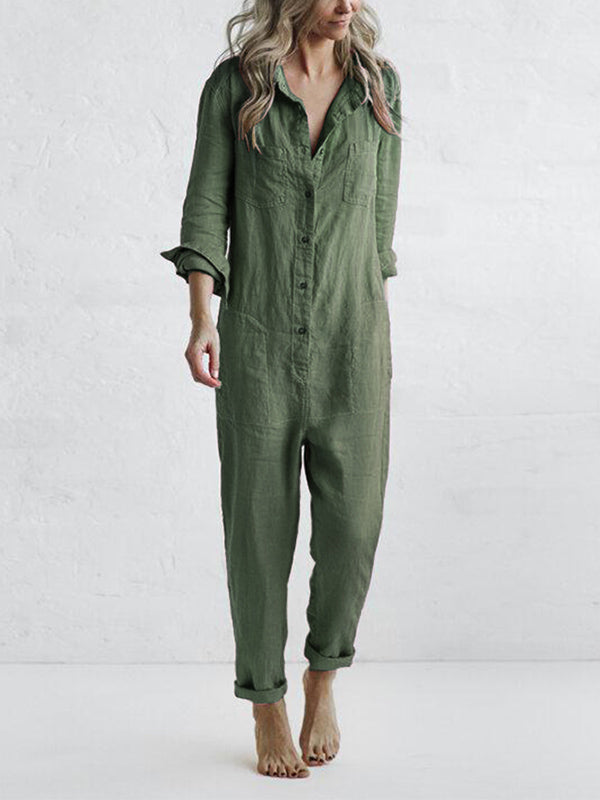 Women's Jumpsuit - Button Down - Long Sleeve Roll Tab - Relaxed Fit - Straight Leg