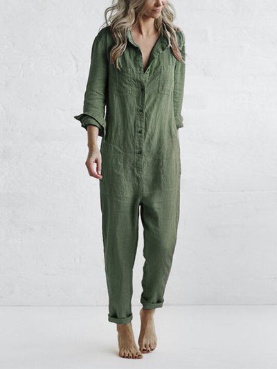 Women's Jumpsuit - Button Down - Long Sleeve Roll Tab - Relaxed Fit - Straight Leg
