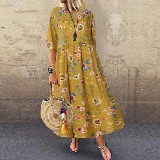 Women’s Long Dress – Floral Pattern – Relaxed Fit – Breathable Blend – V-Neck Short Sleeve