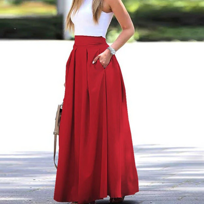 Women’s Maxi Skirt – High Waist – Pleated Full Fit – Breathable Blend – With Pockets