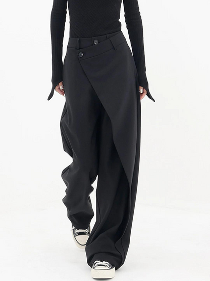 Women’s Wide-Leg Trousers - High Waist - Asymmetric Draped Overlay - Button Detail