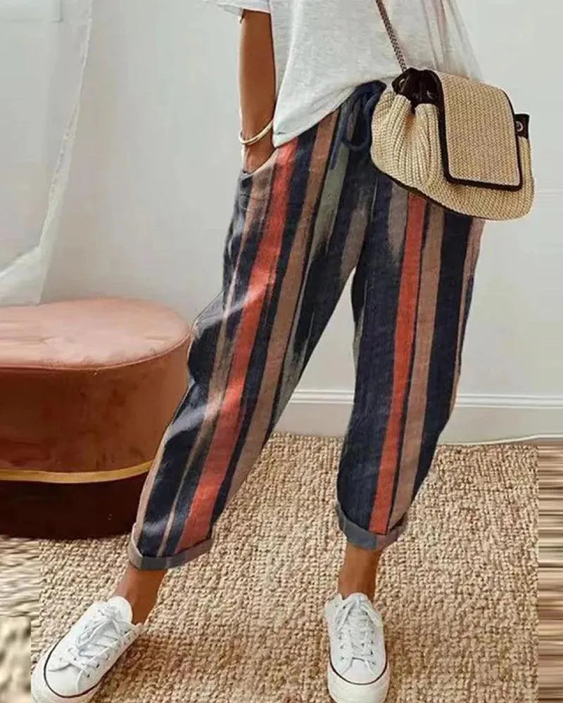 Women's Striped Pants - Breathable Cotton-Linen - Loose Fit - Drawstring Waist Casual Wear