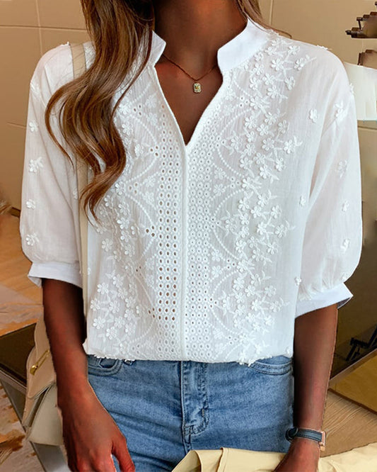 Women’s Blouse – Relaxed Fit – Puff Sleeves – Embroidered Detail – Breathable Blend