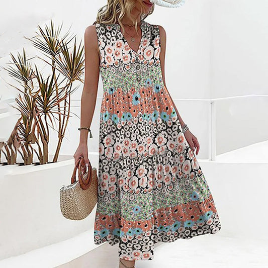 Women's Maxi Dress - Sleeveless V-Neck - Bohemian Floral Print - Tiered Flowy Fit