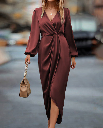 Elegant V-Neck Dress with Lantern Sleeves for Women