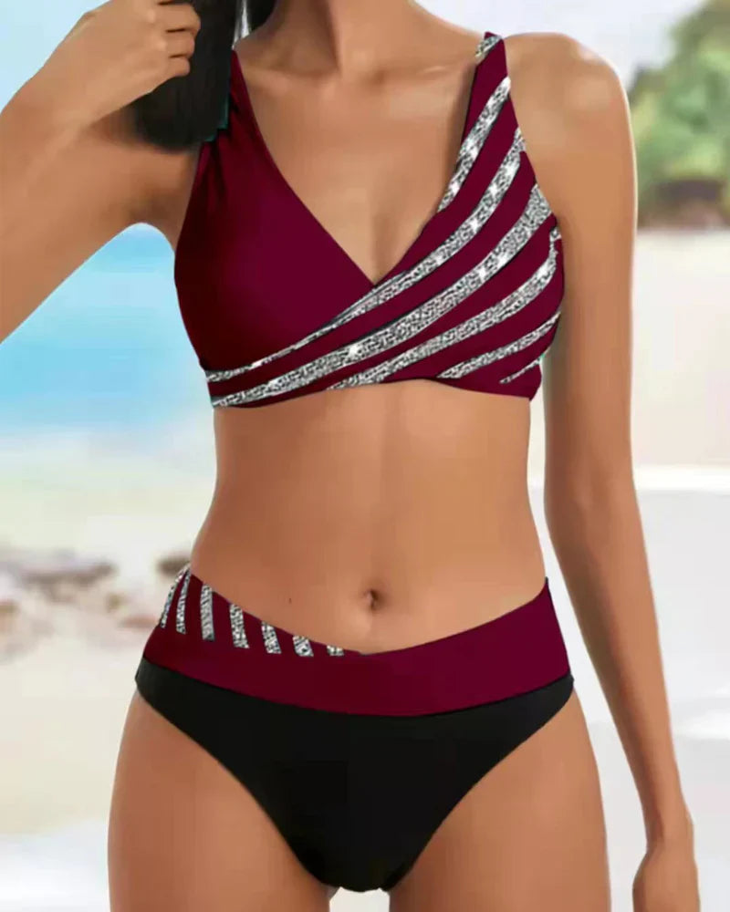Women’s Bikini Set – Wrap Top – High Waist – Breathable Stretch – Striped Design