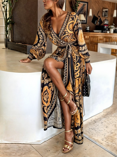 Women’s Maxi Dress – Wrap Style – Bohemian Print – V-Neck – Long Sleeve – Side Slit