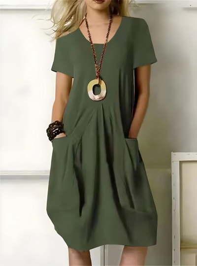 Women's Casual Dress - Loose A-Line Fit - V-Neck Short Sleeve - With Pockets