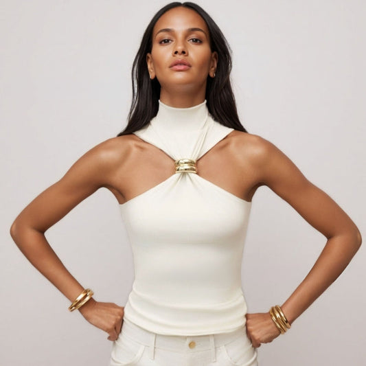 Women’s Tank Top – Slim Fit Halter – Mock Neck Soft Knit with Metal Ring Detail