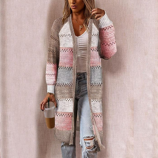 Women’s Knitted Cardigan – Relaxed Fit – Long Open Front – Textured Stripe Detail