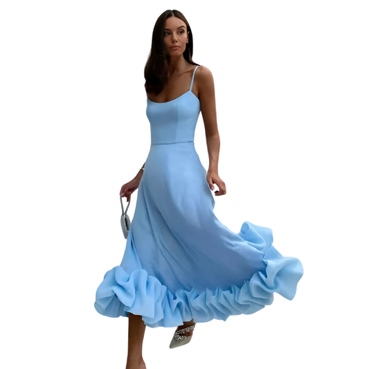 Women's Evening Dress - Spaghetti Straps - A-Line Silhouette - Ruffled Hem - Elegant Fit