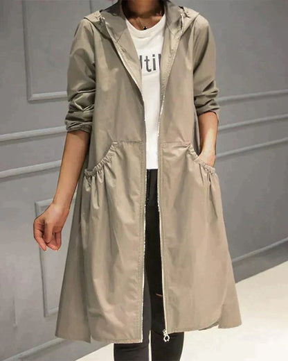 Women’s Hooded Jacket – Waterproof Lightweight – Relaxed Fit – Knee Length – Zip Closure