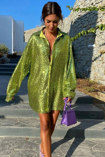 Women’s Oversized Shirt – Glitter Finish – Long Sleeve – Button-Down Collar