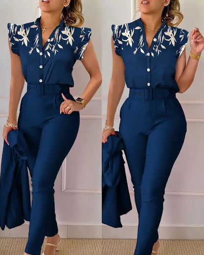 Women's Two-Piece Set – Sleeveless – V-Neck – Button Front – Petal Sleeve – Relaxed Fit