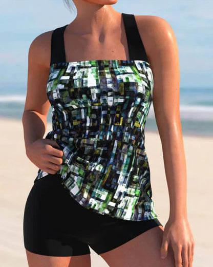 Women’s Tankini Set – Breathable Blend – Flowy Top – Full Coverage Swim Shorts