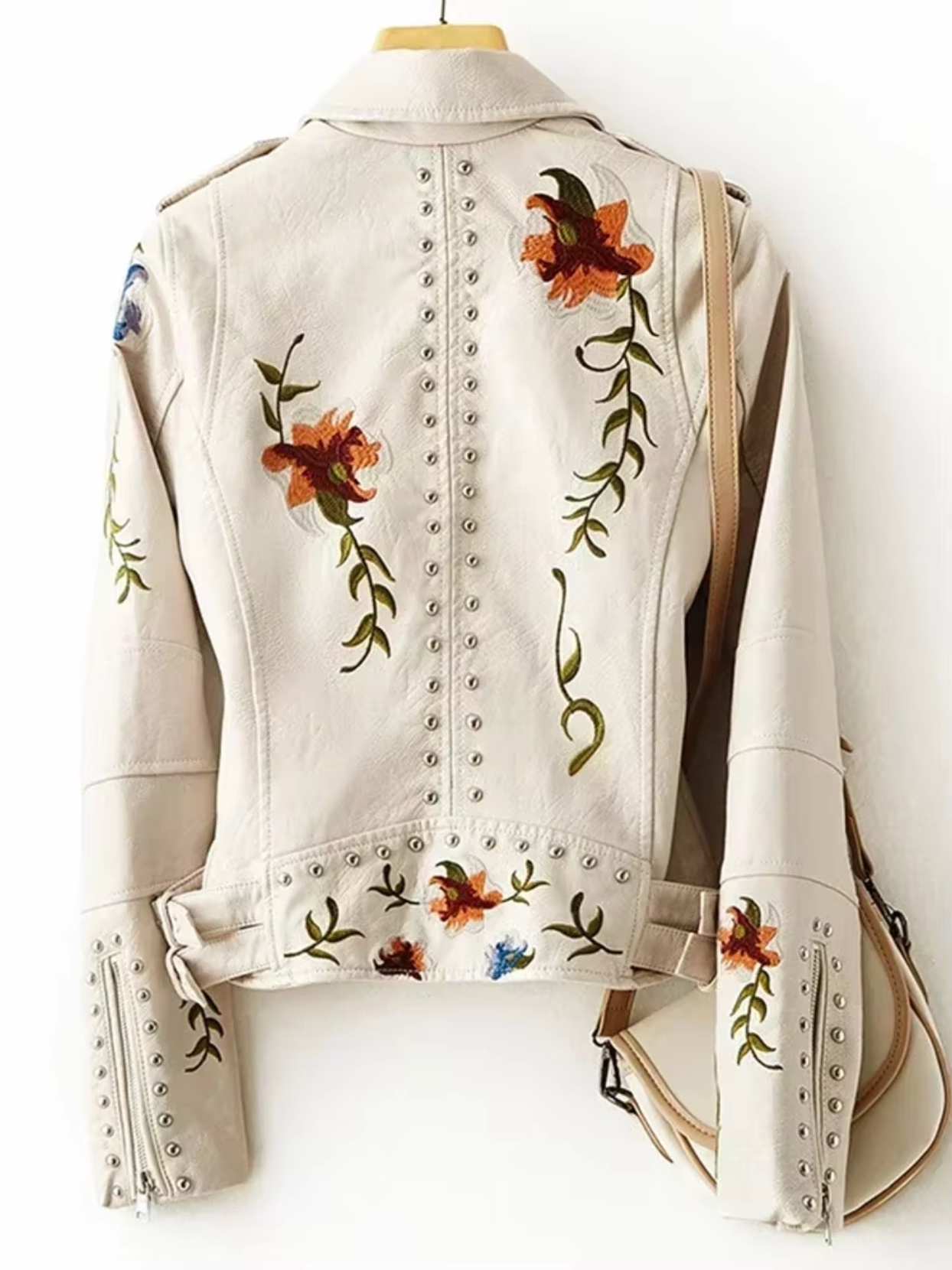 Women’s Leather Jacket – Tailored Biker Fit – Embroidered Floral – Studded Zip Detail