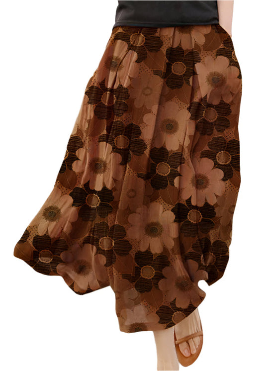 Women’s Midi Skirt – Natural Fibers – Relaxed Fit – Retro Floral Dot Print – With Pockets