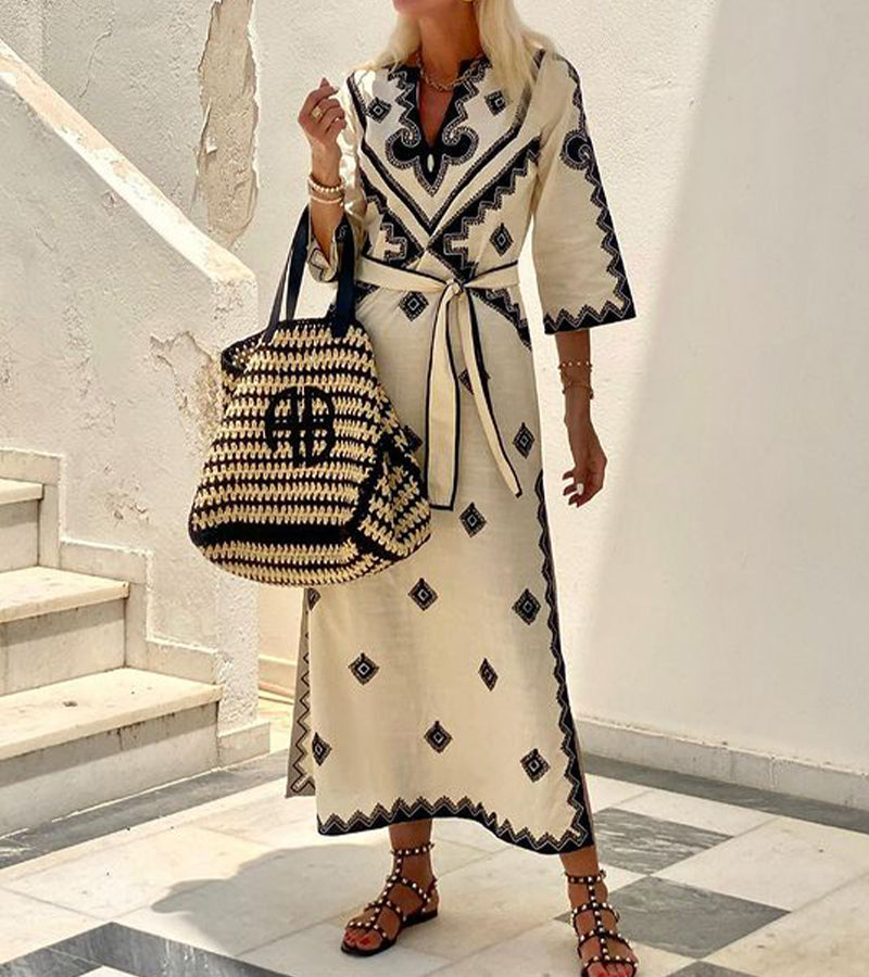 Women's Kaftan Dress - V-Neck Embroidered - Three-Quarter Sleeve - Waist Tie Flowy Fit