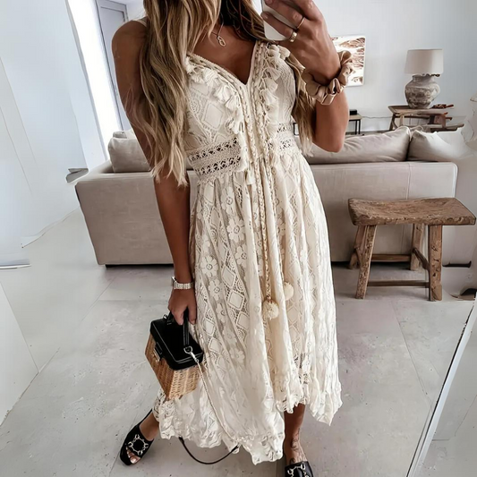 Women’s Midi Dress – Relaxed Fit – Lace Detail – V-Neck – Boho Style – Breathable Fabric