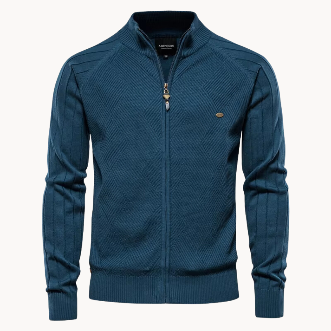 Men’s Jacket – Slim Fit – Knitted Wool Blend – Zip-Up – Ribbed Trim – Herringbone Pattern