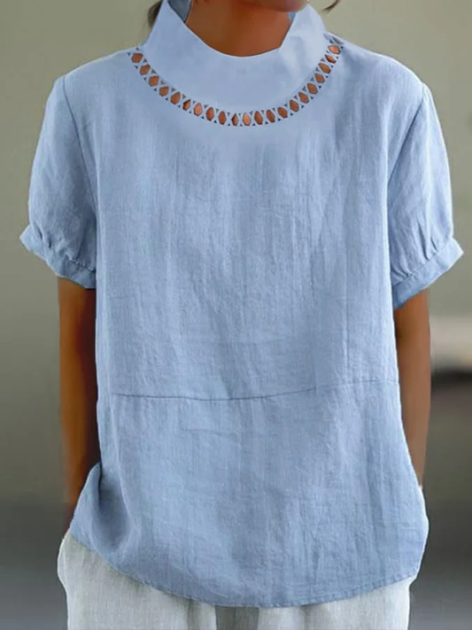 Women’s Blouse – Relaxed Fit – Short Sleeve Rolled Cuffs – Decorative Cutout Neckline – Breathable Blend