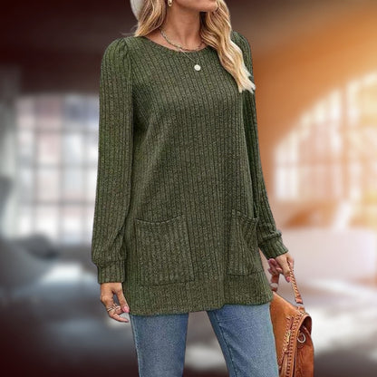 Women's medium length sweater with round neckline