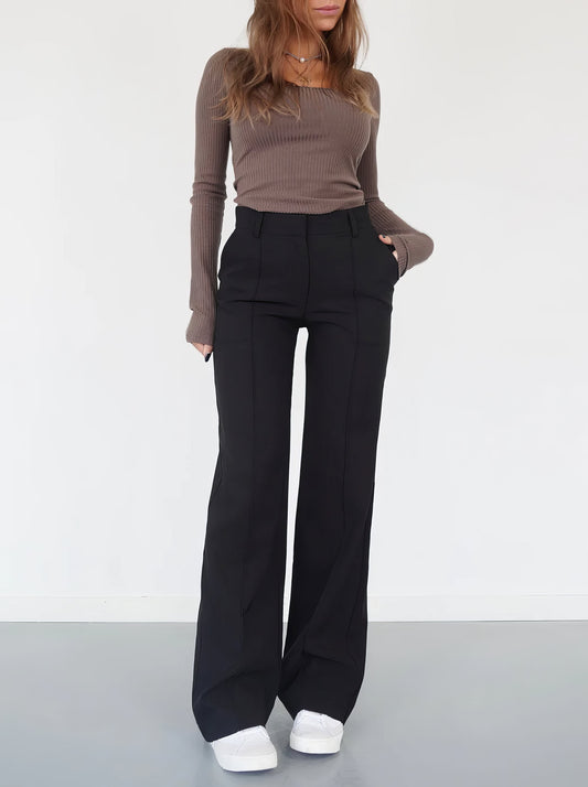 Women's Wide Leg Trousers - High Waisted - Tailored Fit - Side Pockets - Elegant Style