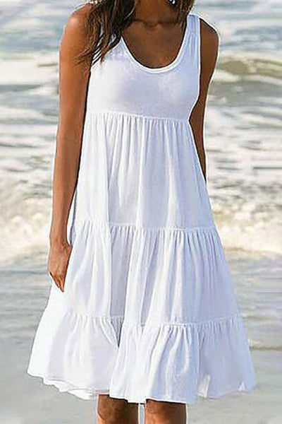 Stylish Sweet Solid Patchwork Tiered Cake Skirt Dresses with Round Neck