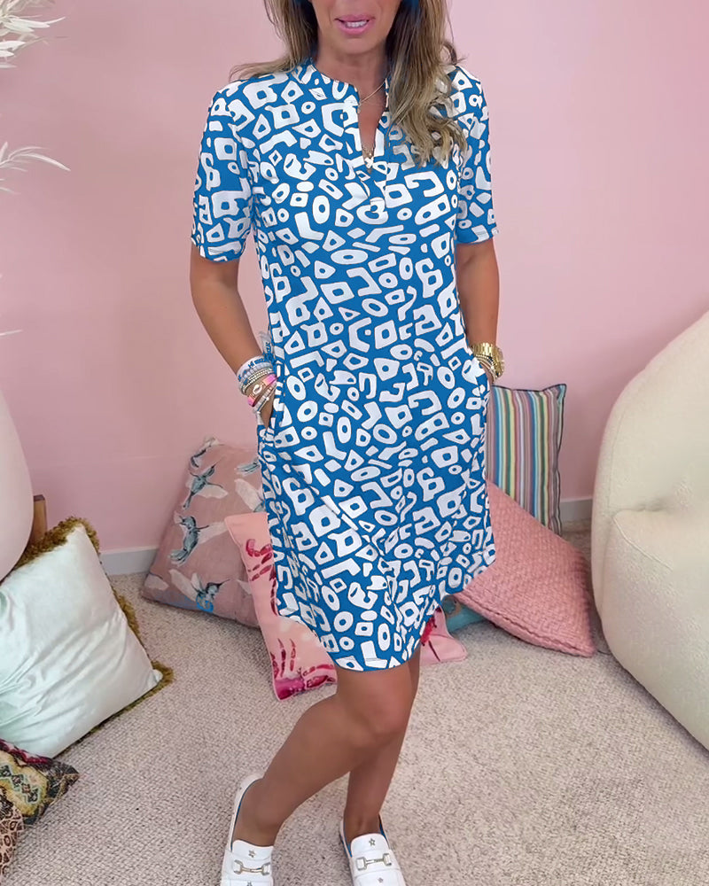 Women’s Mini Dress – Relaxed Fit – V-Neck – Short Sleeve – Natural Fibers – Pockets – Abstract Print