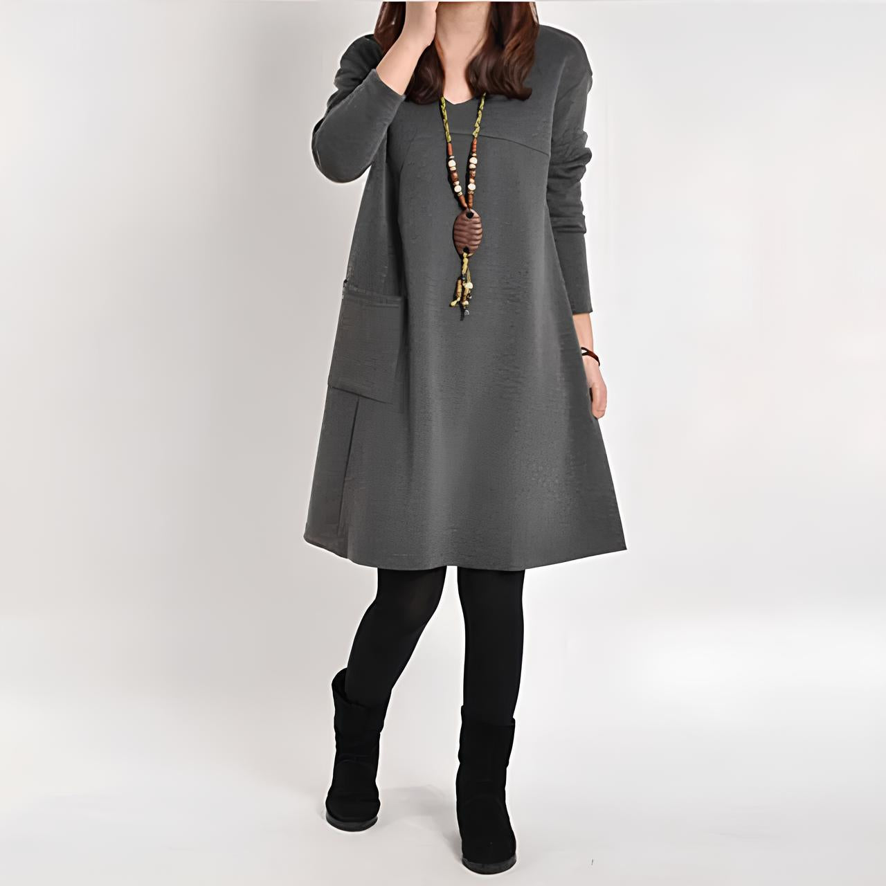 Women's A-Line Dress - Long Sleeve Loose Fit - Round Neck with Front Pockets