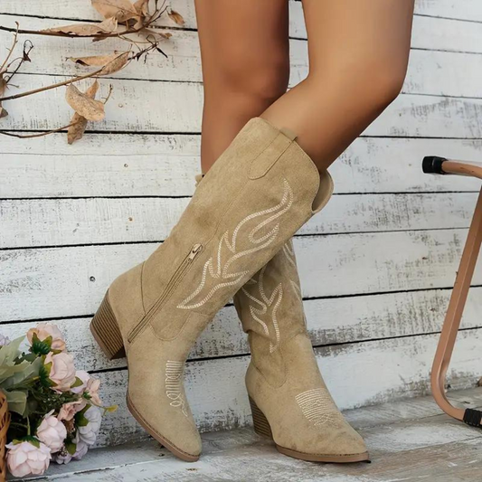 Women’s Knee-High Cowboy Boots – Suede Look – Embroidered – Pointed Toe – Zip Fasten
