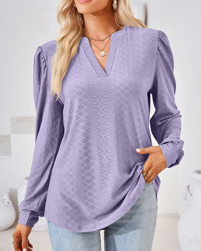 Women's Blouse - V-Neck - Loose Fit - Long Sleeves with Puff Shoulders - Elegant Style