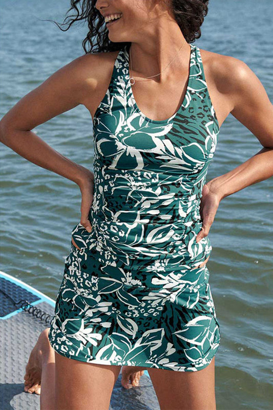 Women’s Tankini Set – Slim Fit – Skirted Bottom – Breathable Blend – Floral Pattern