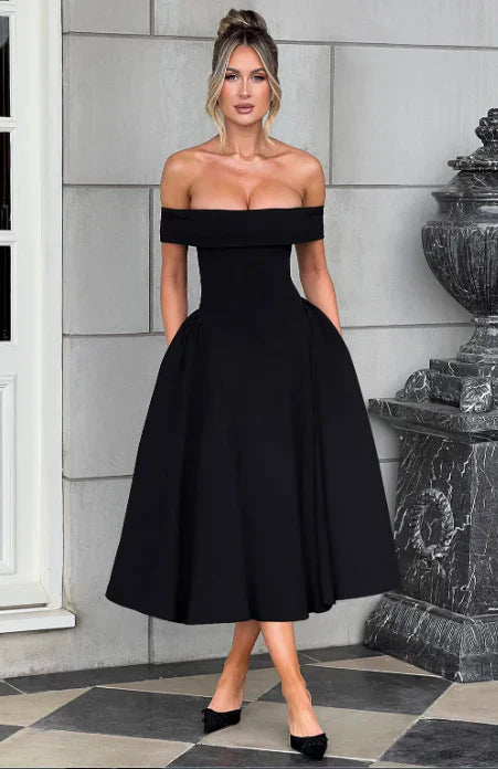 Women’s Off-Shoulder Midi Dress - Fitted Bodice - A-Line Flared Skirt - Elegant Formal Wear